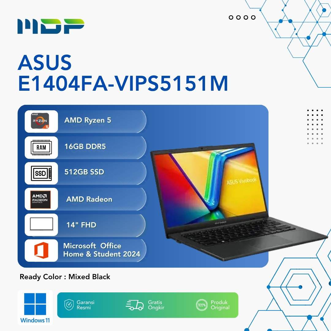 NOTEBOOK ASUS E1404FA-VIPS5151M (MIXED BLACK) : AMD R5-7520U,UMA