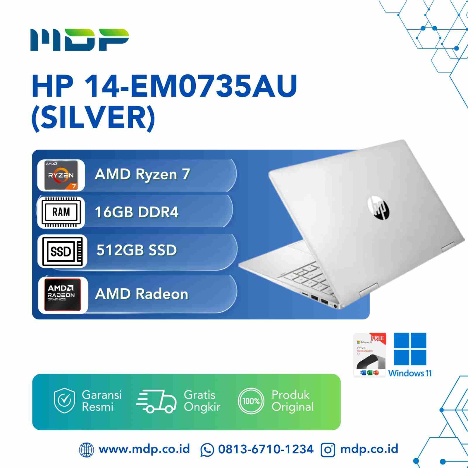 NOTEBOOK HP 14-EM0735AU (SILVER) : AMD R7-7730U,16GB,512GB SSD,AMD ...